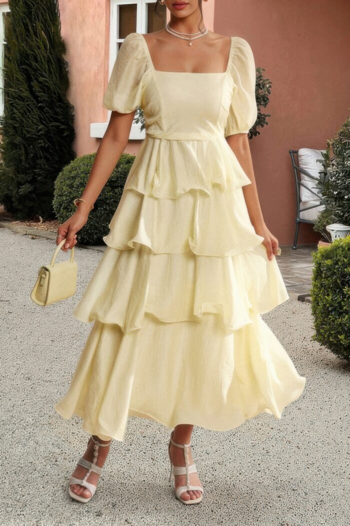Off shoulder puff short sleeves tiered dress - image 12