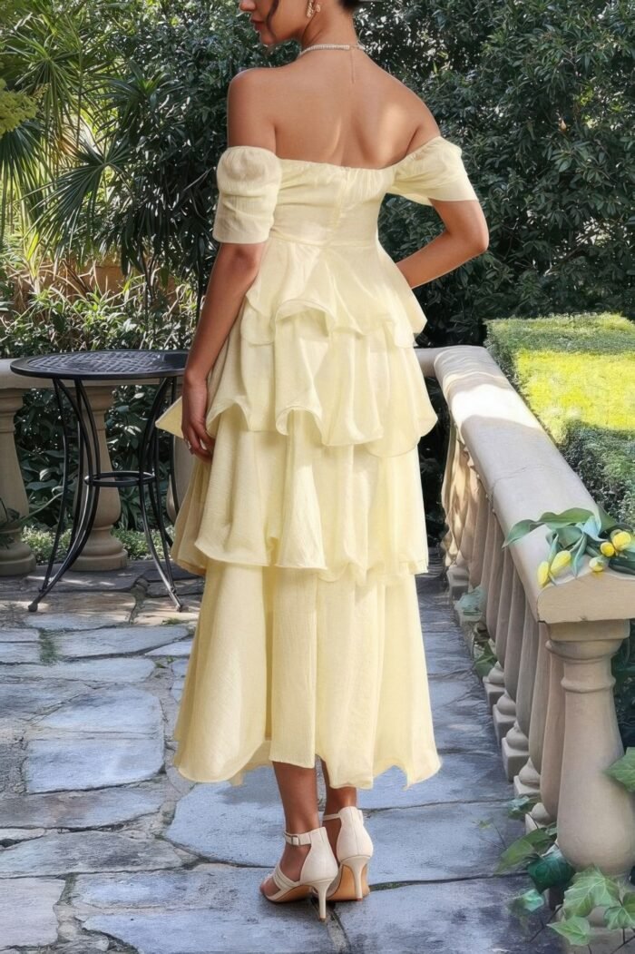 Off shoulder puff short sleeves tiered dress - image 15