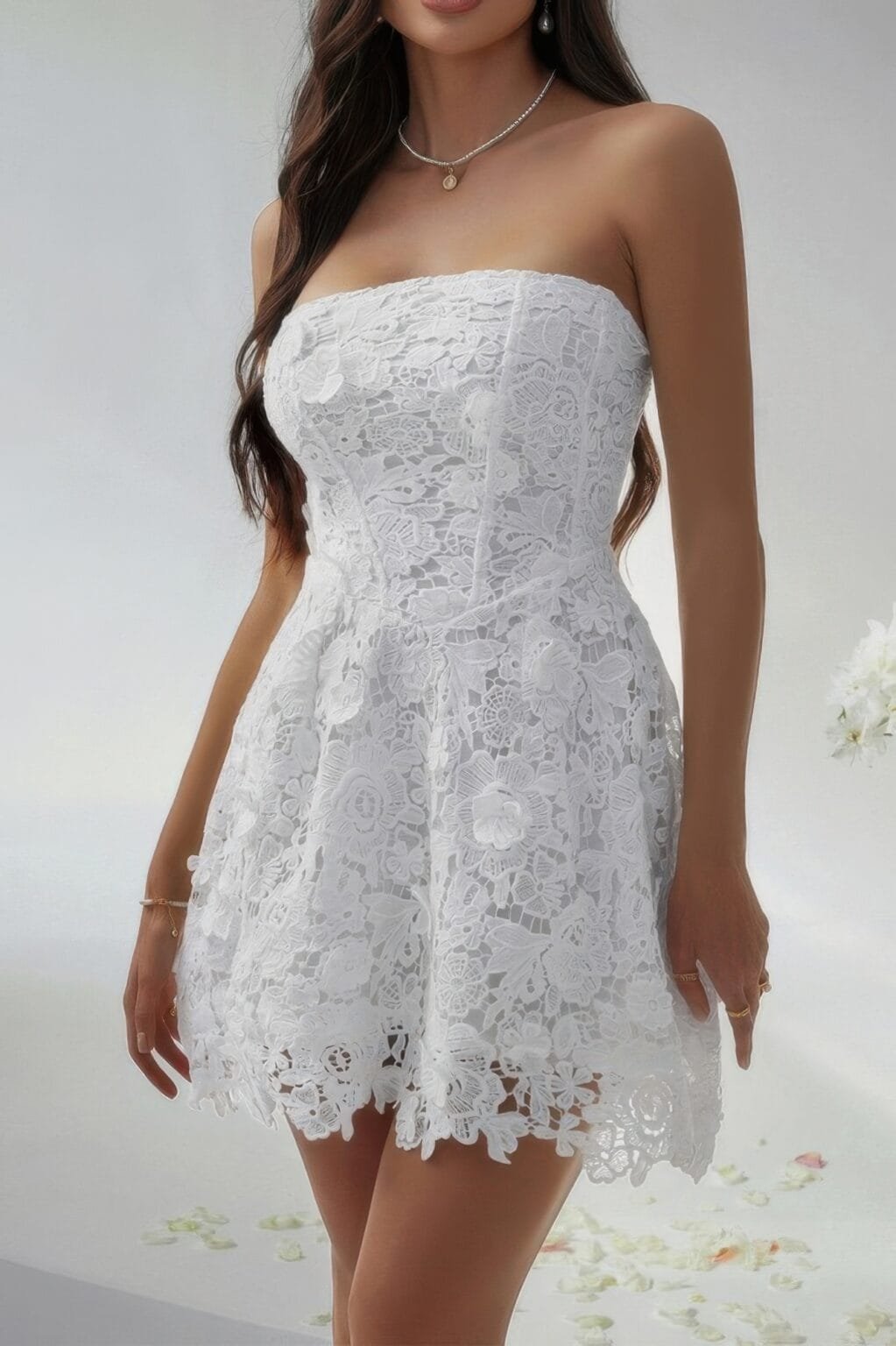 white lace tube mini dress - hugs the body for a sleek