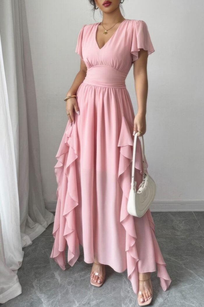 Solid v neck high waist band ruffle hem dress - image 1