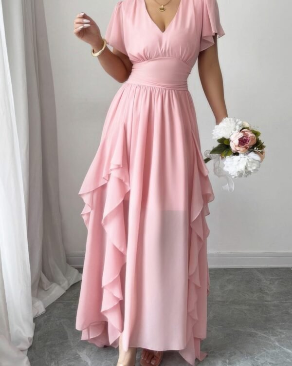 Solid V Neck High Waist Band Ruffle Hem Dress