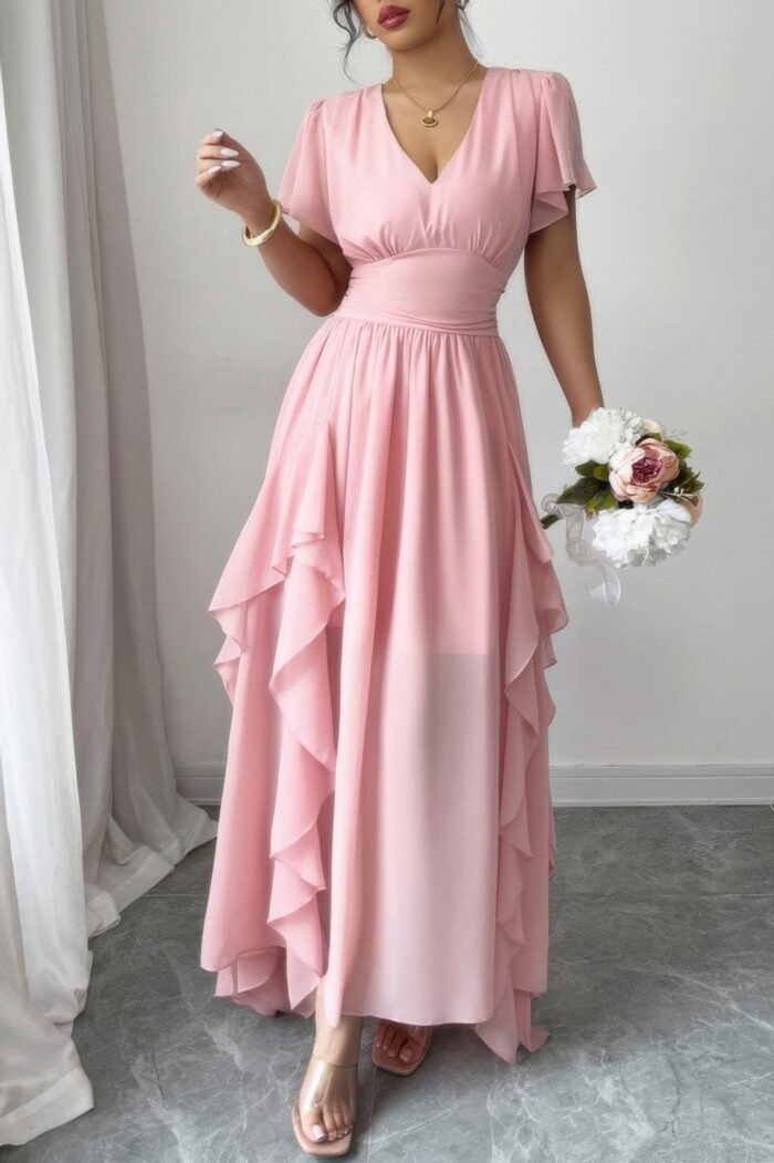 Solid v neck high waist band ruffle hem dress - image 2
