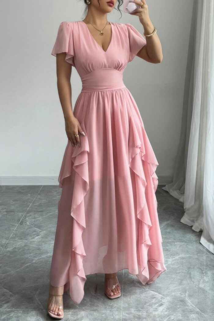 Solid v neck high waist band ruffle hem dress - image 3