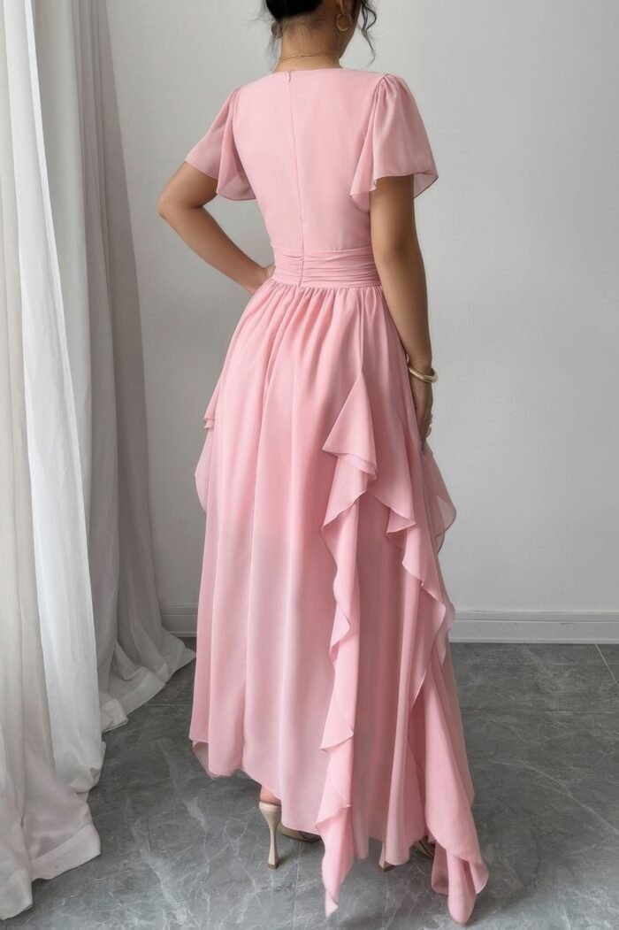 Solid v neck high waist band ruffle hem dress - image 4