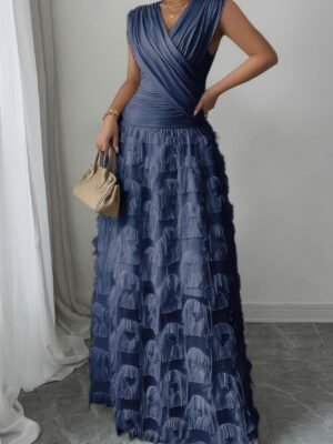 Solid V Neck Ruched Texture Splice Sleeveless Dress