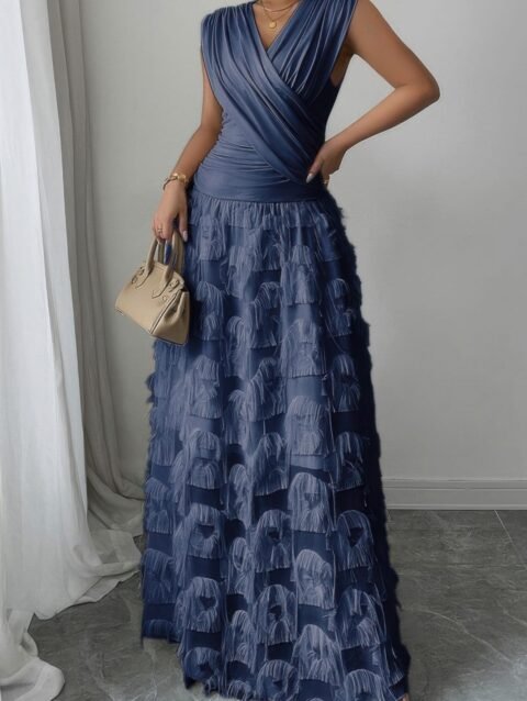 Solid V Neck Ruched Texture Splice Sleeveless Dress