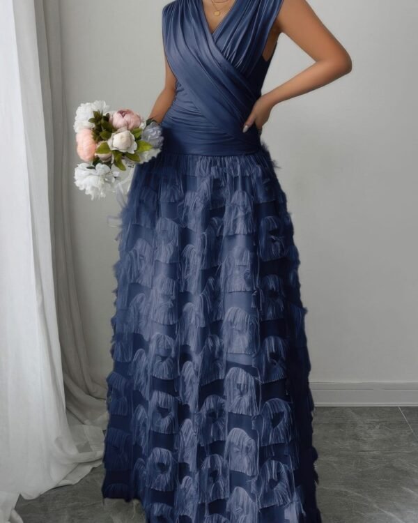 Solid V Neck Ruched Texture Splice Sleeveless Dress