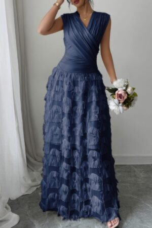 Solid V Neck Ruched Texture Splice Sleeveless Dress Solid V Neck Ruched Texture Splice Sleeveless Dress