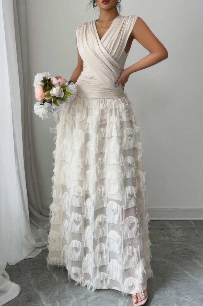 Solid v neck ruched texture splice sleeveless dress - image 9