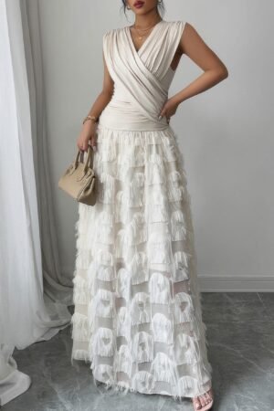 Solid V Neck Ruched Texture Splice Sleeveless Dress Solid V Neck Ruched Texture Splice Sleeveless Dress