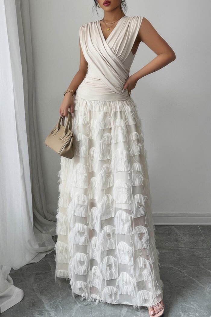 Solid v neck ruched texture splice sleeveless dress - image 10