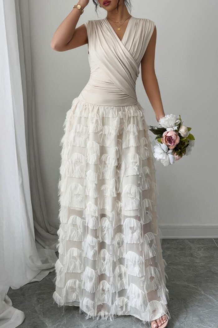 Solid v neck ruched texture splice sleeveless dress - image 11
