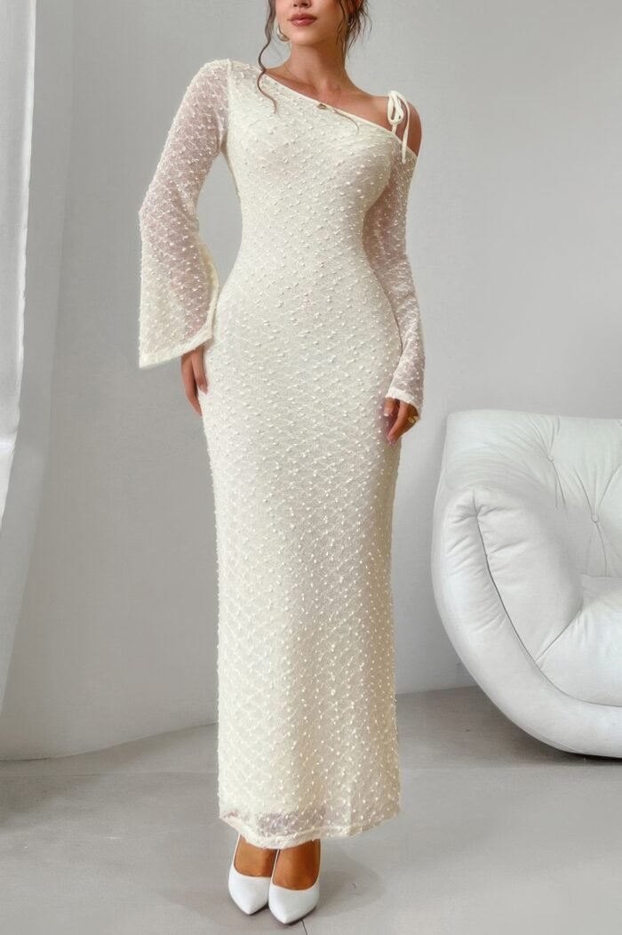 Solid off shoulder bodycon long sleeve dress - image 1