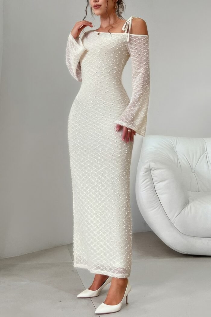 Solid off shoulder bodycon long sleeve dress - image 3