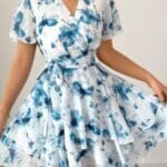 Floral V Neck Ruffle Sleeve Tie Belt Dress