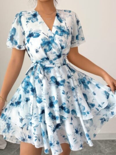 Floral V Neck Ruffle Sleeve Tie Belt Dress