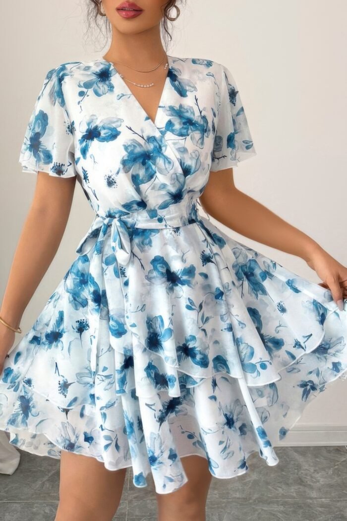 Floral v neck ruffle sleeve tie belt dress - image 1