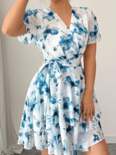 Floral V Neck Ruffle Sleeve Tie Belt Dress