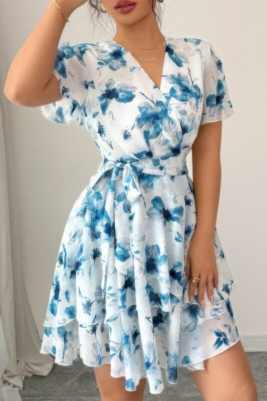 Floral V Neck Ruffle Sleeve Tie Belt Dress