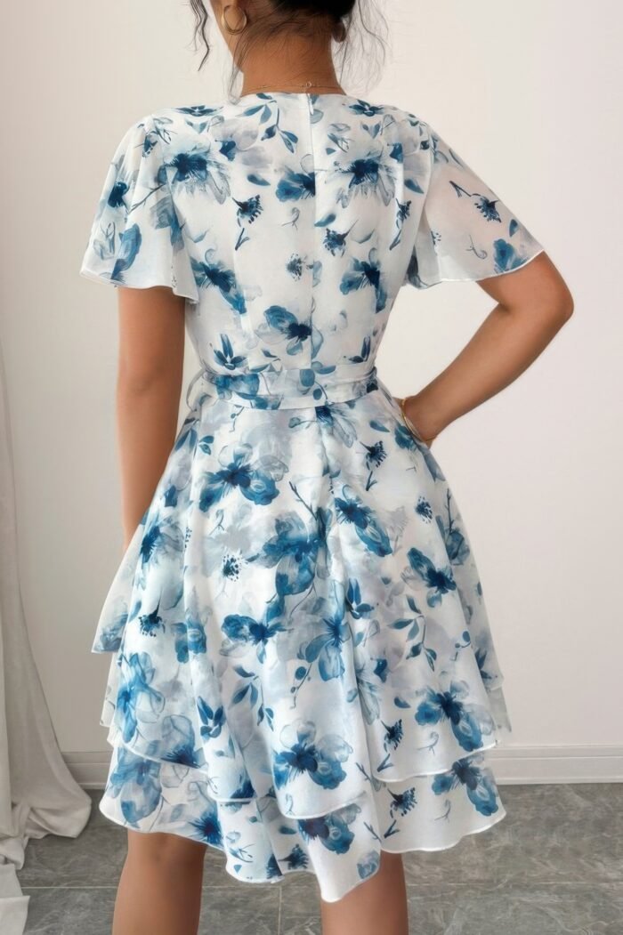 Floral v neck ruffle sleeve tie belt dress - image 3
