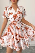 Floral V Neck Ruffle Sleeve Tie Belt Dress