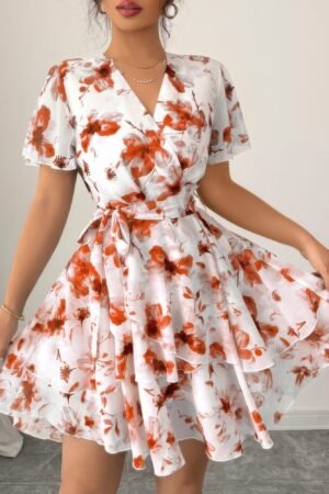 Floral V Neck Ruffle Sleeve Tie Belt Dress