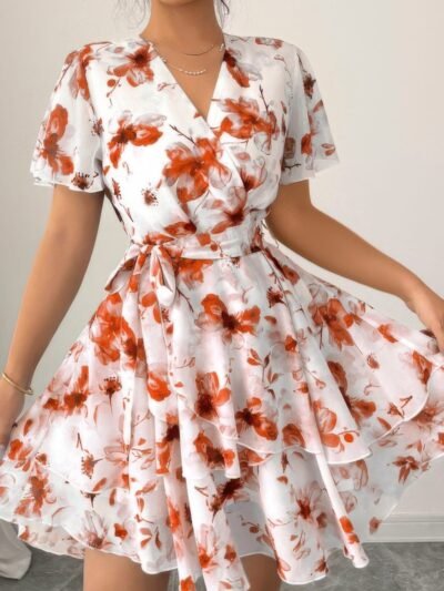 Floral V Neck Ruffle Sleeve Tie Belt Dress