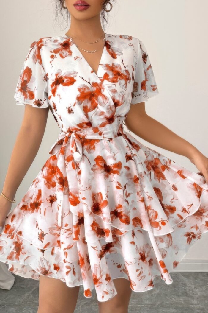 Floral v neck ruffle sleeve tie belt dress - image 5