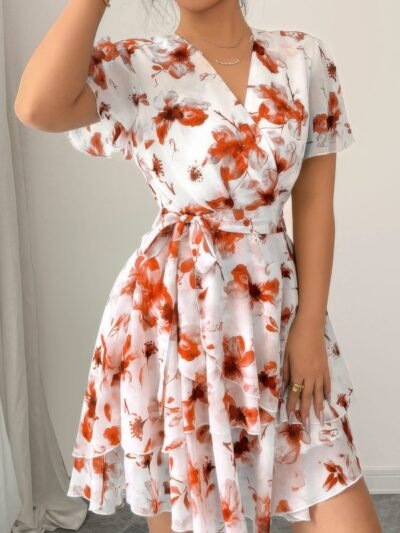 Floral V Neck Ruffle Sleeve Tie Belt Dress