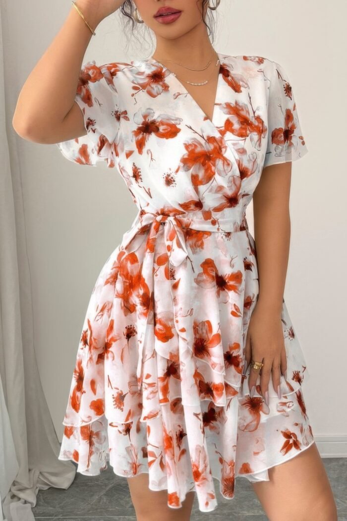 Floral v neck ruffle sleeve tie belt dress - image 6