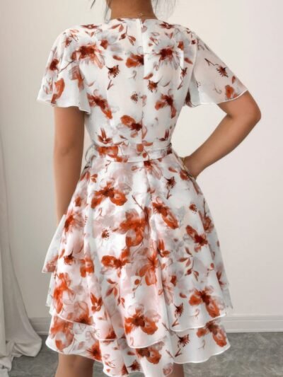 Floral V Neck Ruffle Sleeve Tie Belt Dress