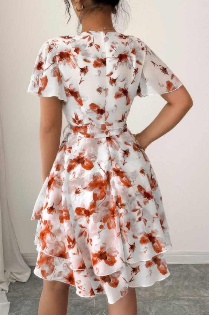 Floral v neck ruffle sleeve tie belt dress - image 7
