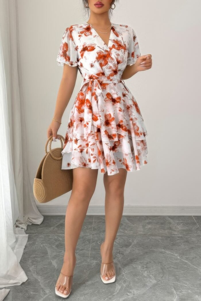 Floral v neck ruffle sleeve tie belt dress - image 8