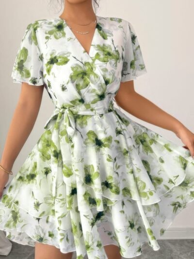 Floral V Neck Ruffle Sleeve Tie Belt Dress