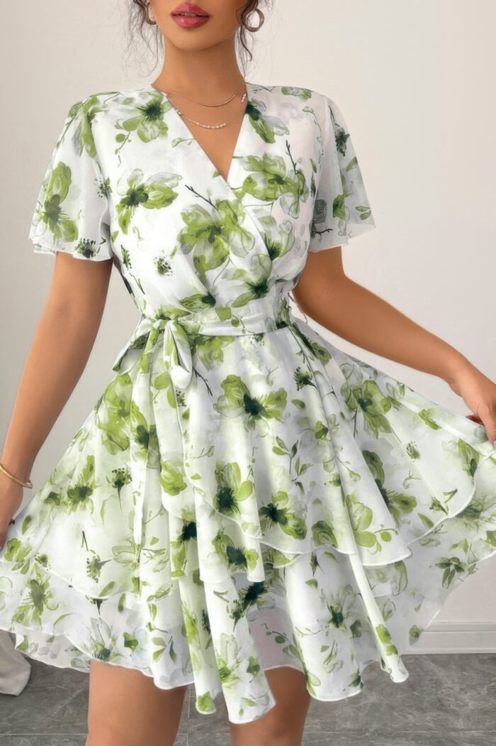 Floral v neck ruffle sleeve tie belt dress - image 9