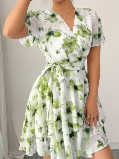 Floral V Neck Ruffle Sleeve Tie Belt Dress