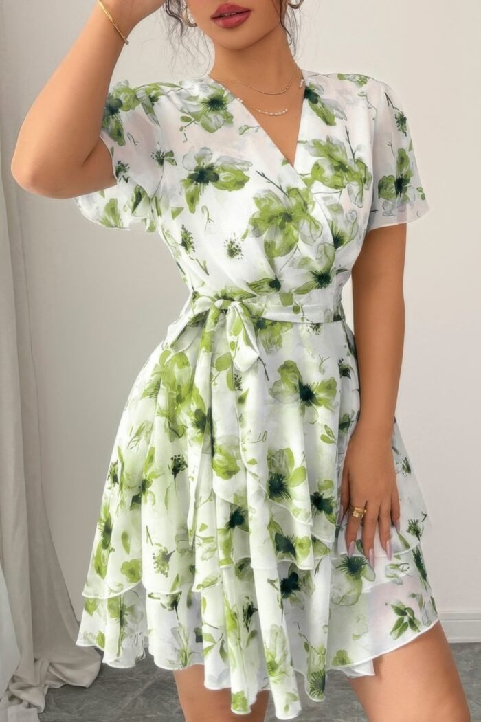 Floral v neck ruffle sleeve tie belt dress - image 10