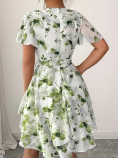 Floral V Neck Ruffle Sleeve Tie Belt Dress