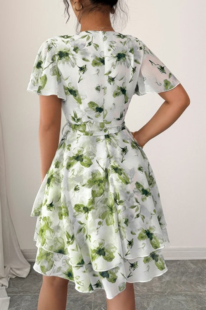 Floral v neck ruffle sleeve tie belt dress - image 11