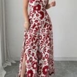 Floral Print High Waist Split Wide Leg Fit Jumpsuit