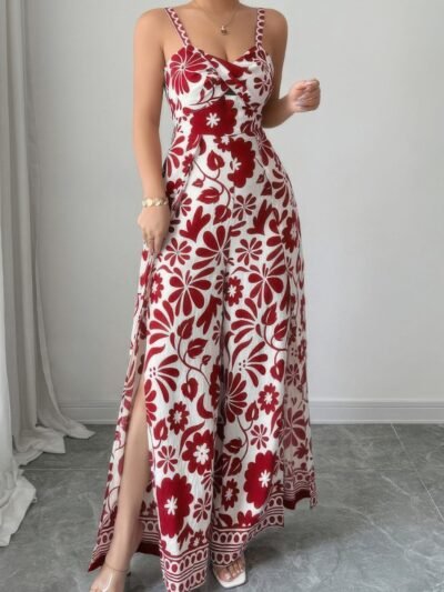 Floral Print High Waist Split Wide Leg Fit Jumpsuit