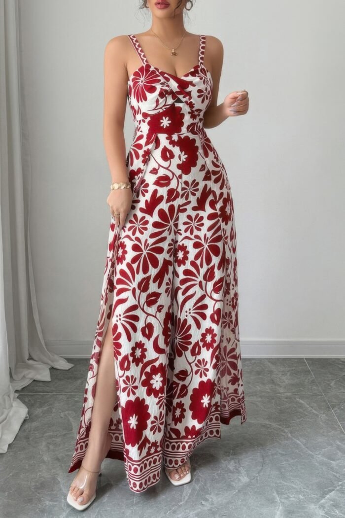 Floral print high waist split wide leg fit jumpsuit - image 1