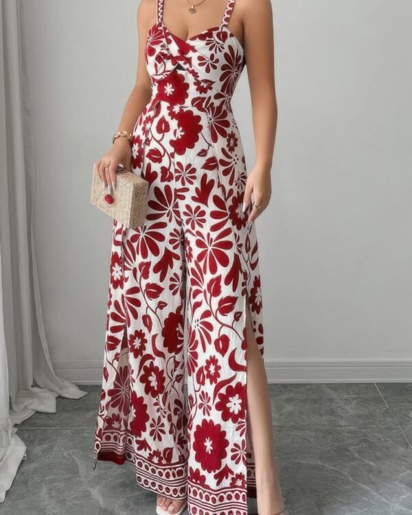Floral Print High Waist Split Wide Leg Fit Jumpsuit