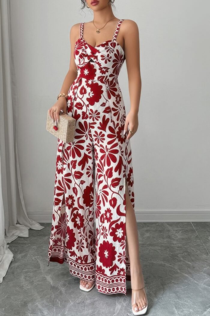 Floral print high waist split wide leg fit jumpsuit - image 2