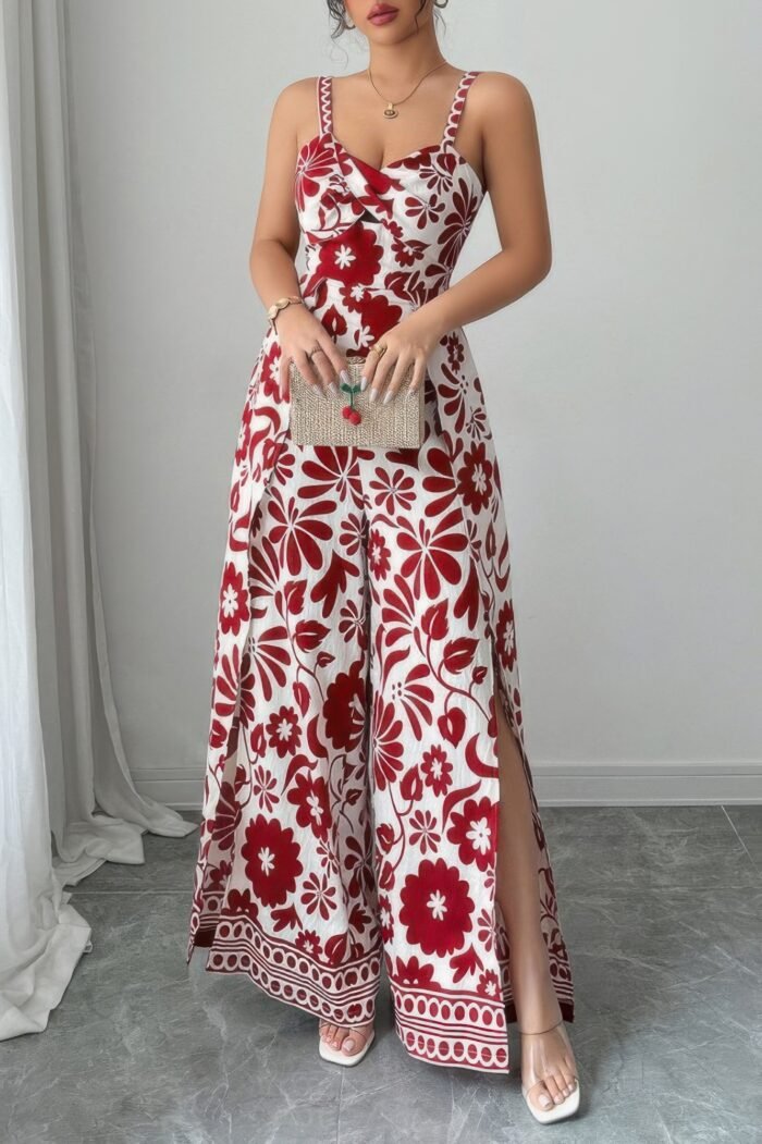 Floral print high waist split wide leg fit jumpsuit - image 3