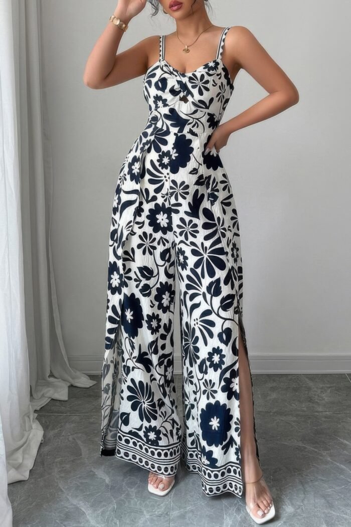 Floral print high waist split wide leg fit jumpsuit - image 5