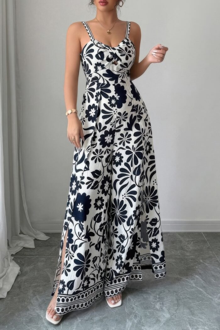 Floral print high waist split wide leg fit jumpsuit - image 6