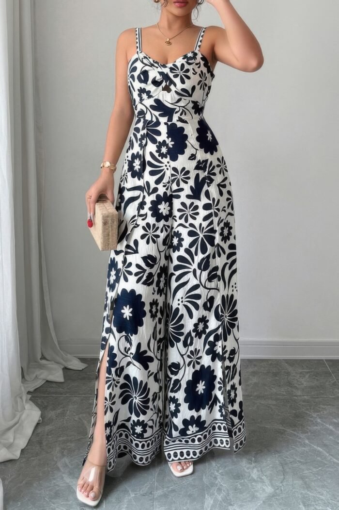 Floral print high waist split wide leg fit jumpsuit - image 7