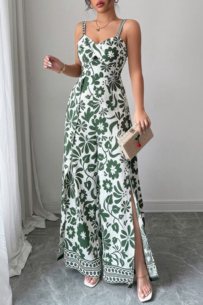 Floral print high waist split wide leg fit jumpsuit - image 11