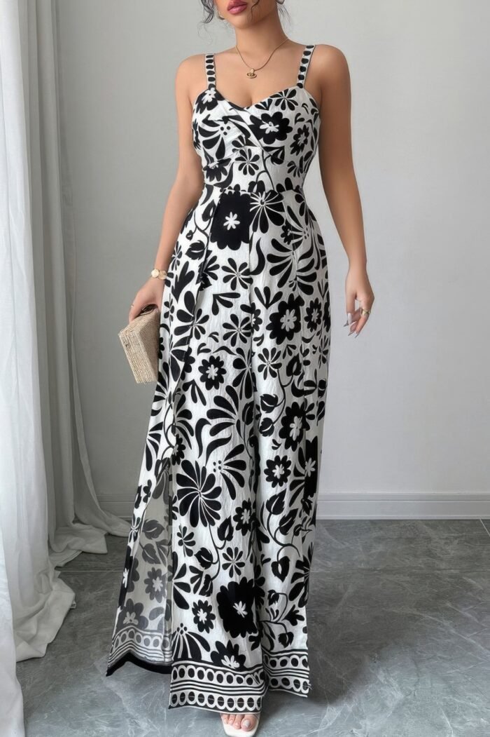 Floral print high waist split wide leg fit jumpsuit - image 13